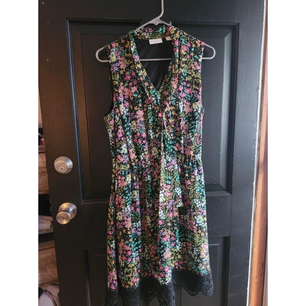 New York & Company Floral Sleeveless Dress Medium Black Multicolor Lace Hem Trim
